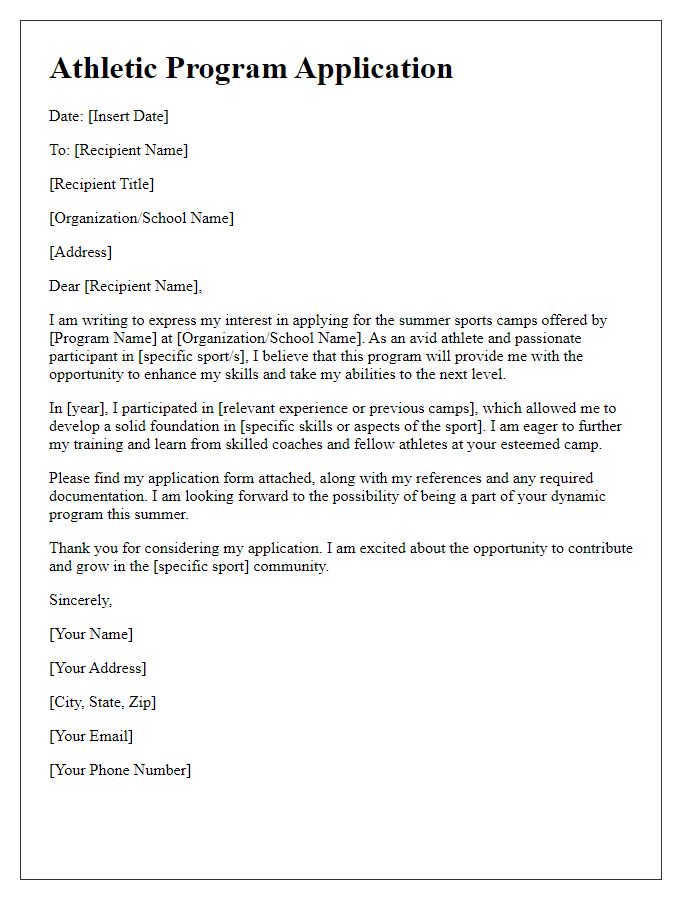 Letter template of athletic program application for summer sports camps