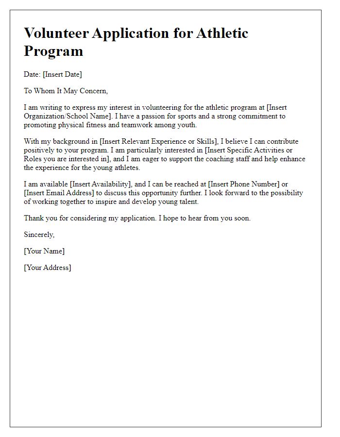 Letter template of athletic program application for volunteer opportunities