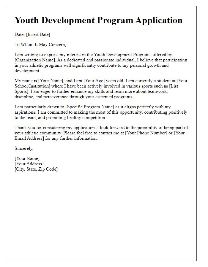 Letter template of athletic program application for youth development programs