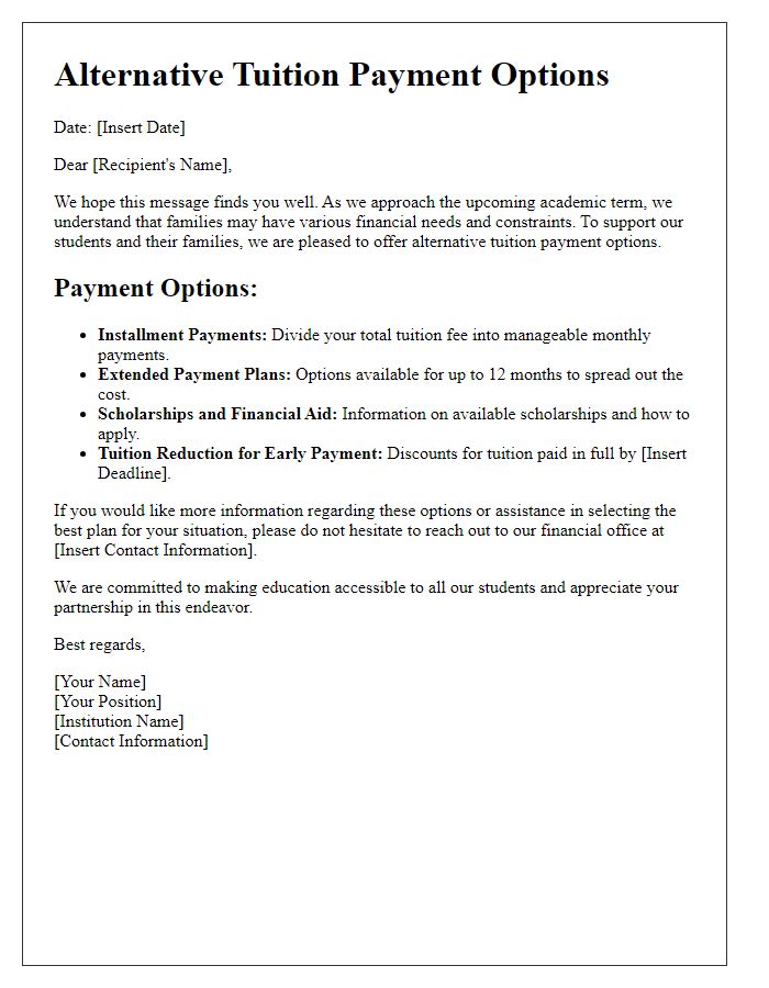 Letter template of alternative tuition payment options