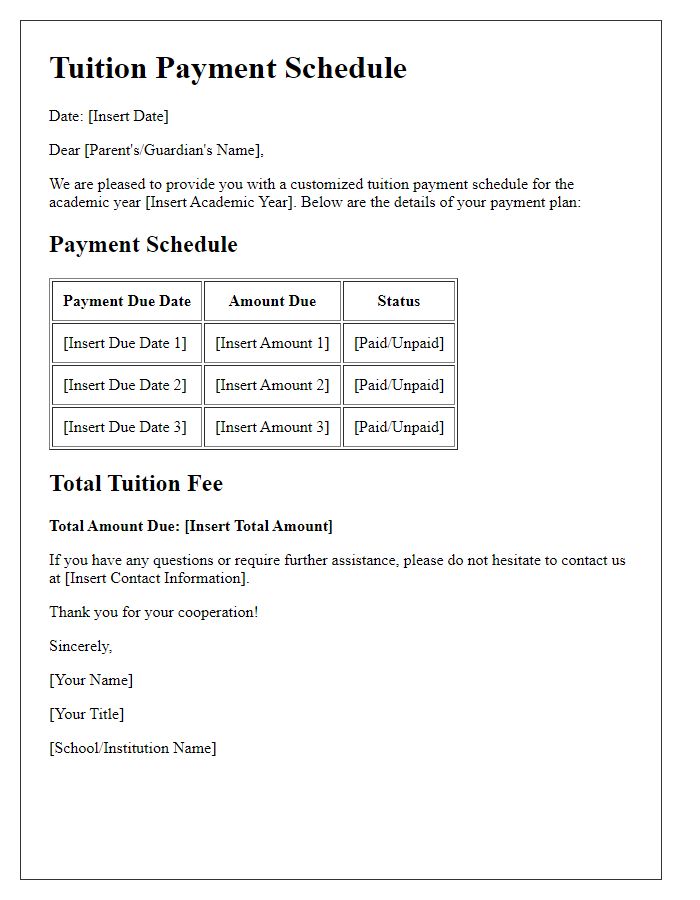 Letter template of customized tuition payment schedule