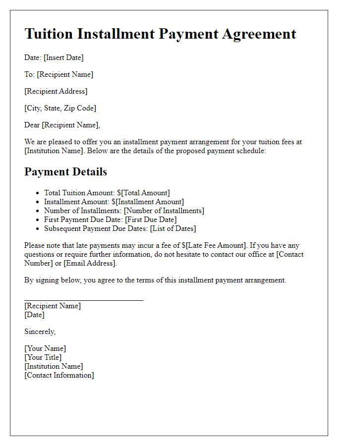 Letter template of installment payment arrangement for tuition