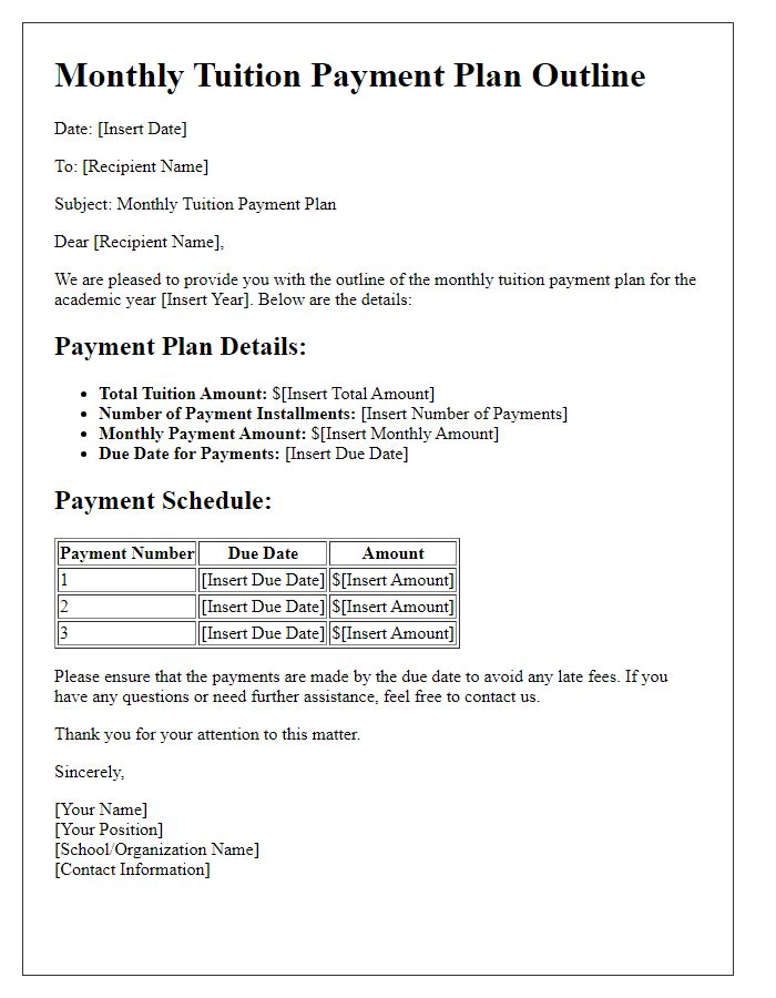 Letter template of monthly tuition payment plan outline