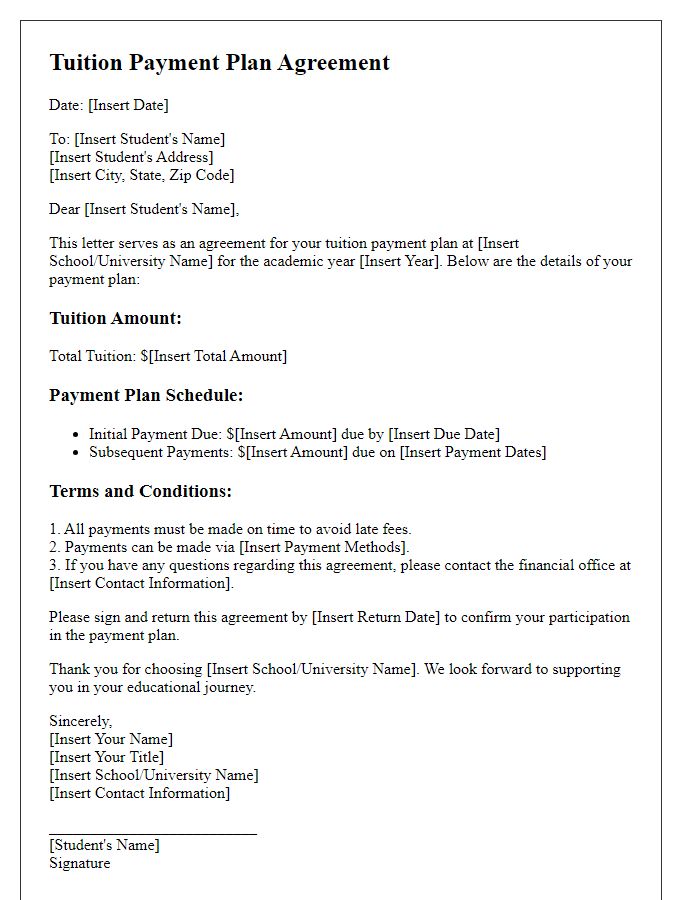 Letter template of tuition payment plan agreement