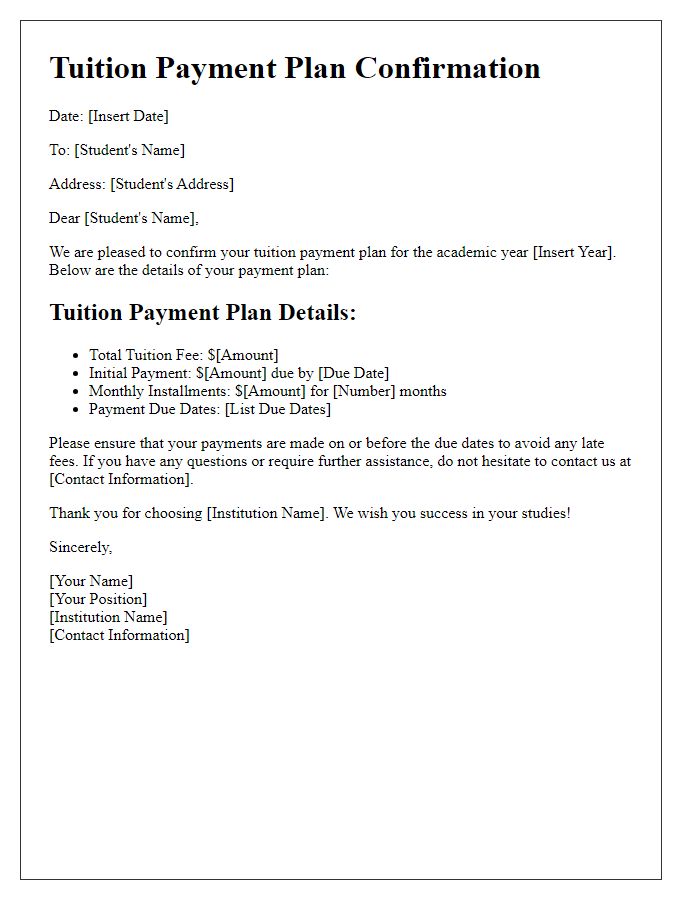 Letter template of tuition payment plan confirmation