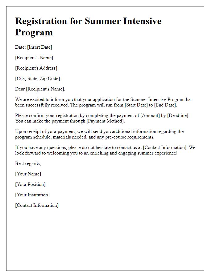 Letter template of Registration for Summer Intensive Program