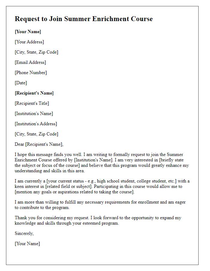 Letter template of Request to Join Summer Enrichment Course