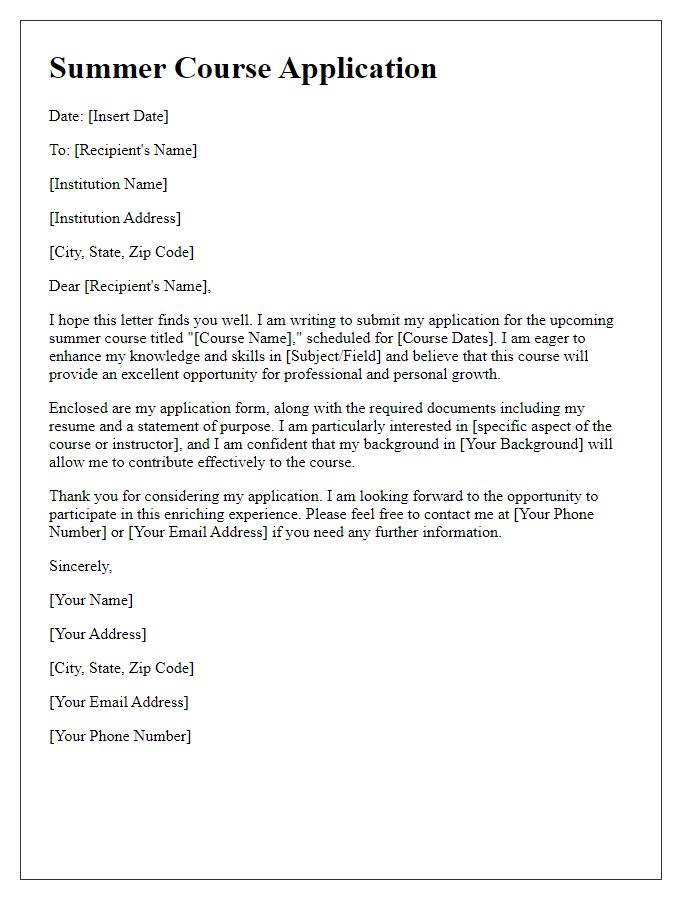 Letter template of Summer Course Application Submission