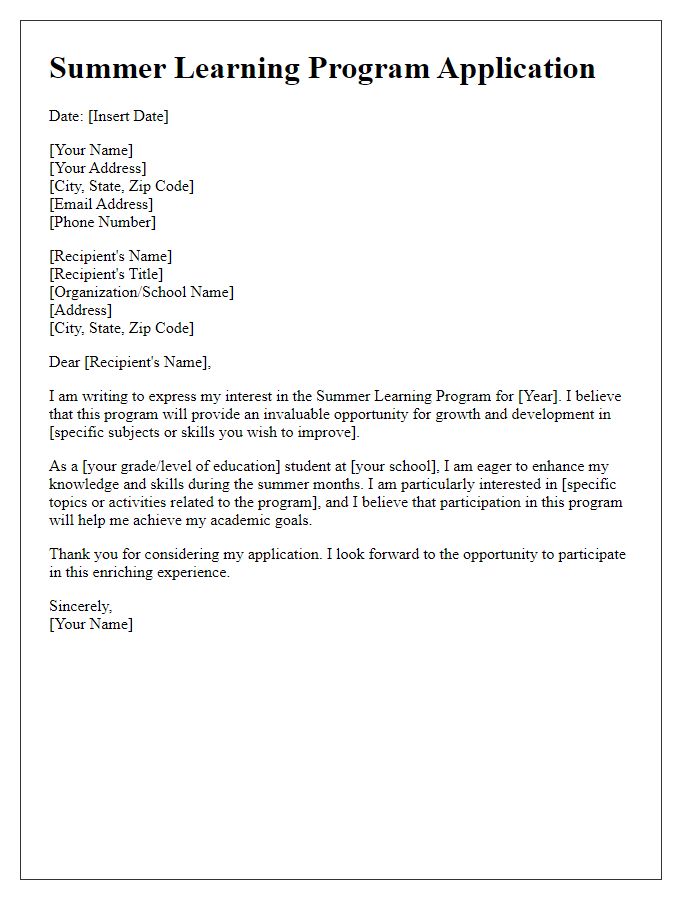 Letter template of Summer Learning Program Application