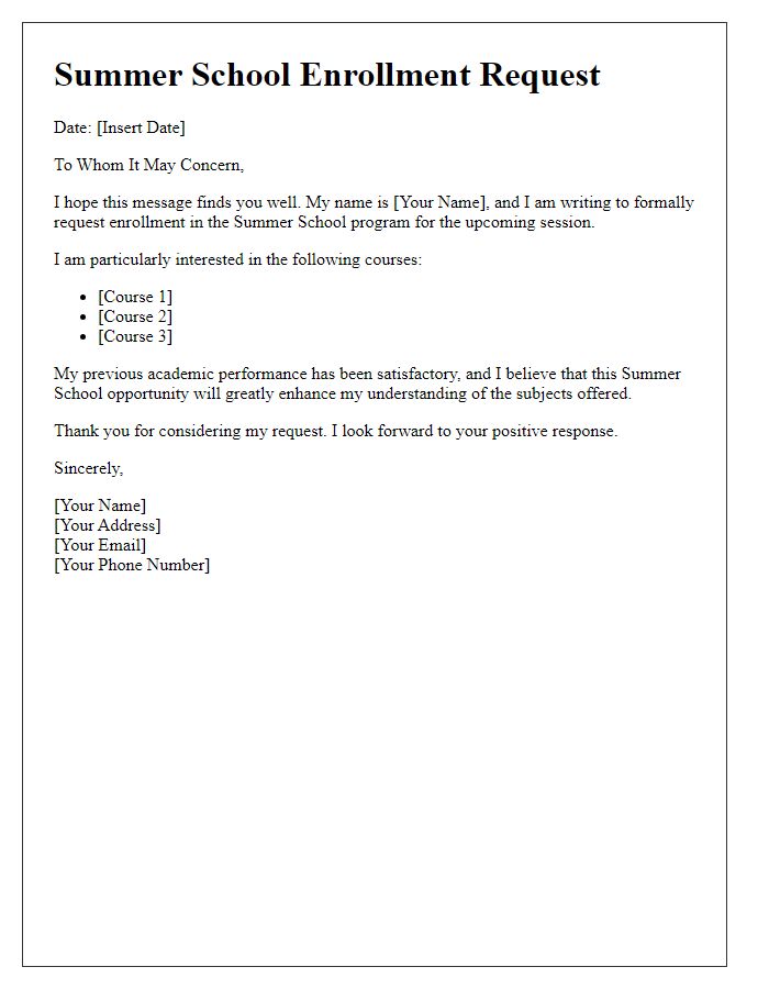 Letter template of Summer School Enrollment Request