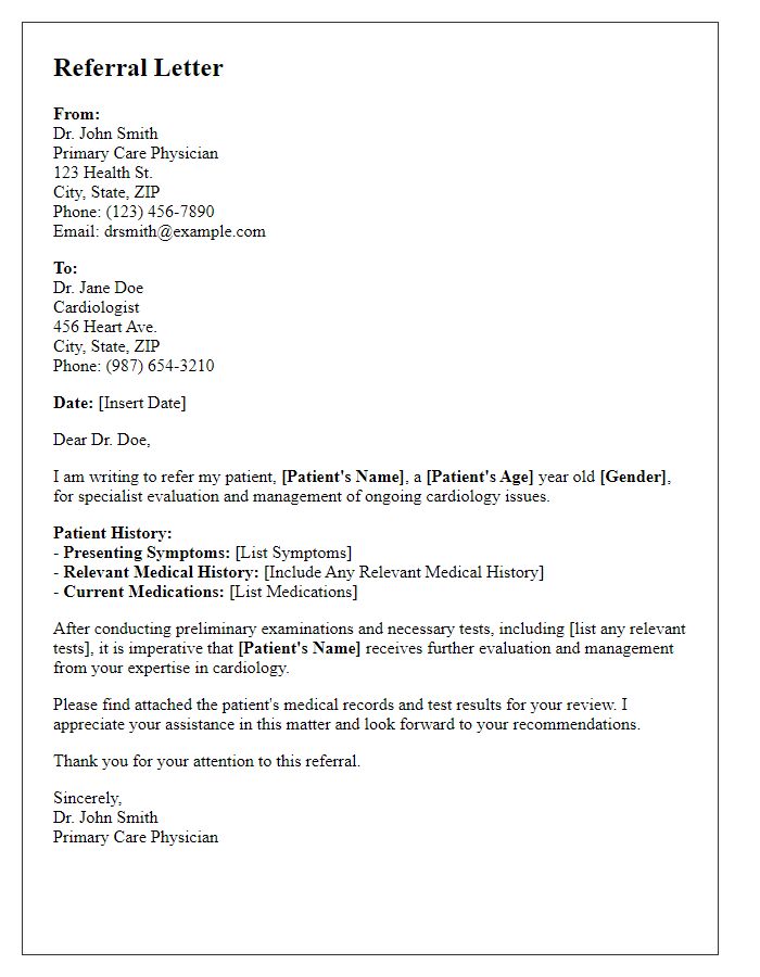 Letter template of referral for specialist consultation for cardiology issues.