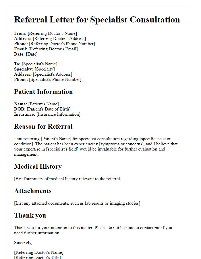 Letter template of referral for specialist consultation for pediatric care.