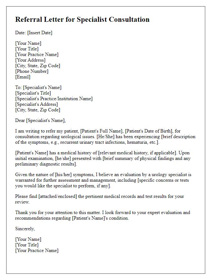 Letter template of referral for specialist consultation for urology problems.