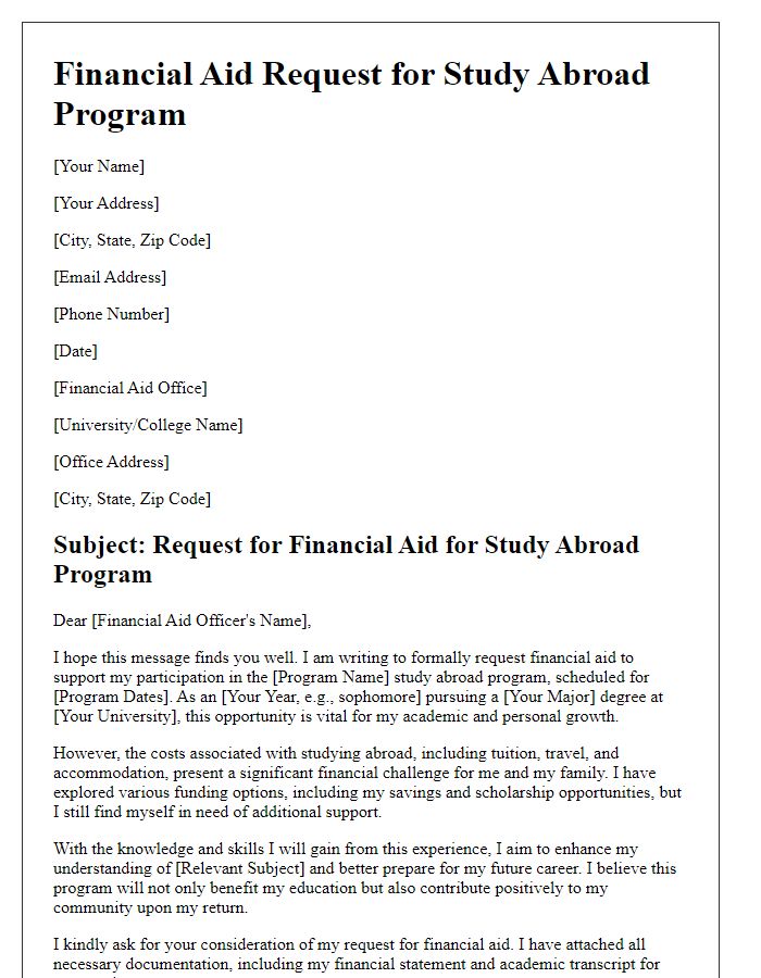 Letter template of financial aid request for study abroad program.