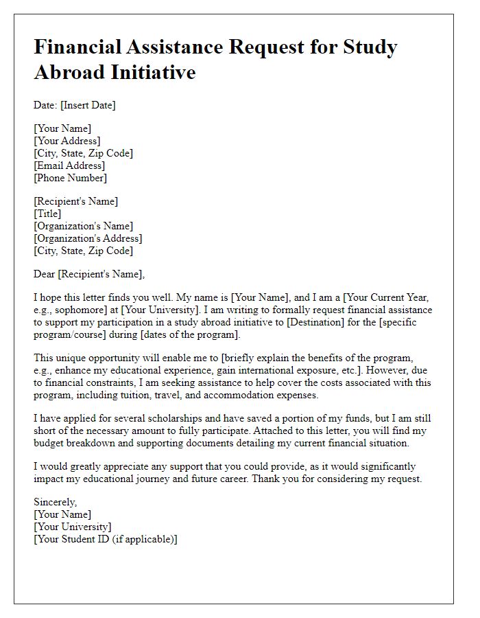 Letter template of financial assistance request for study abroad initiative.