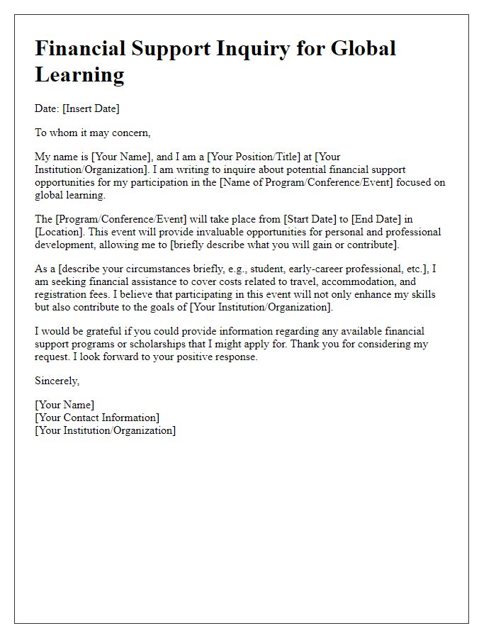 Letter template of financial support inquiry for global learning.