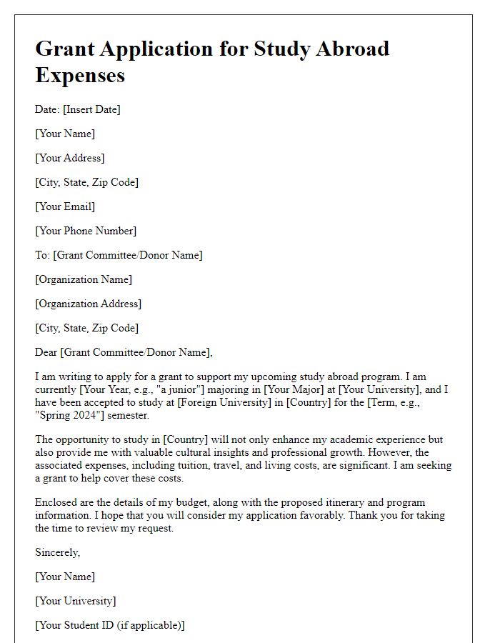 Letter template of grant application for study abroad expenses.