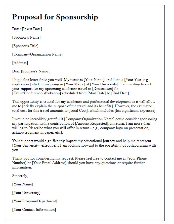 Letter template of sponsorship proposal for academic travel abroad.