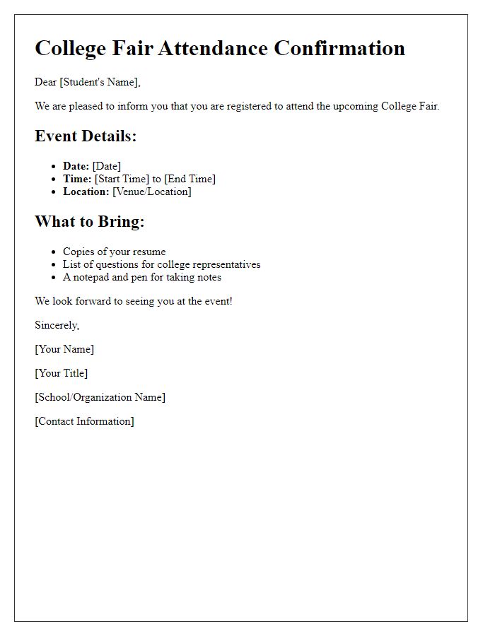 Letter template of college fair attendance details