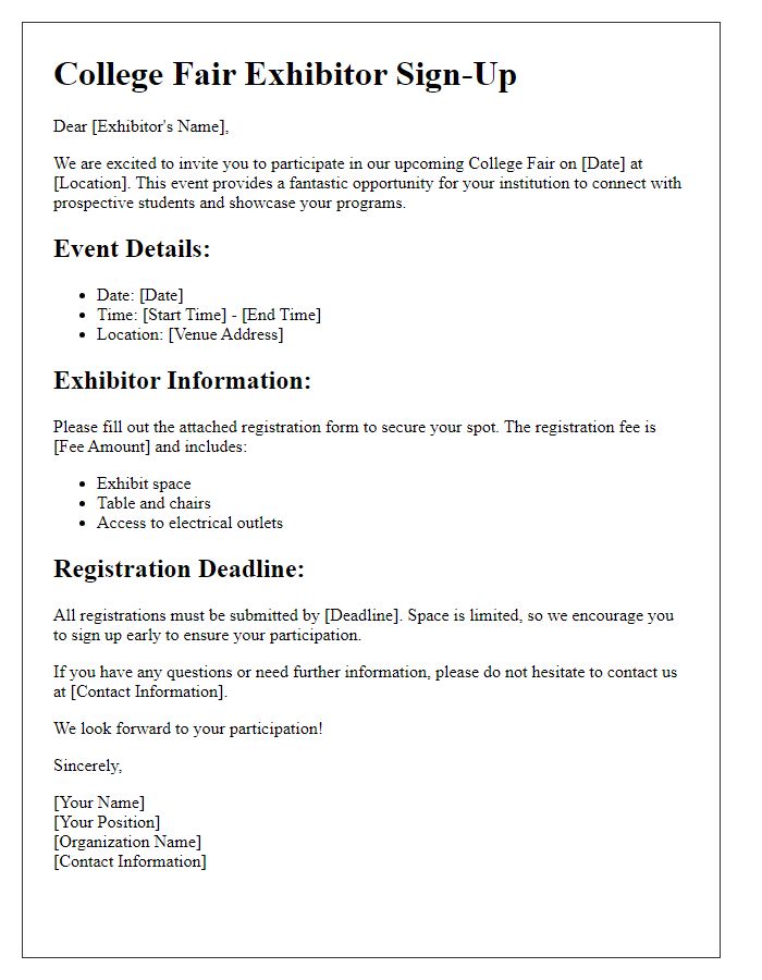 Letter template of college fair exhibitor sign-up