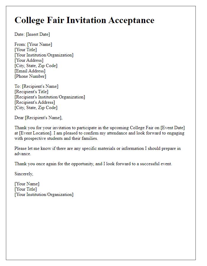 Letter template of college fair invitation acceptance