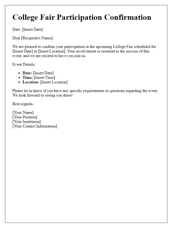 Letter template of college fair participation confirmation