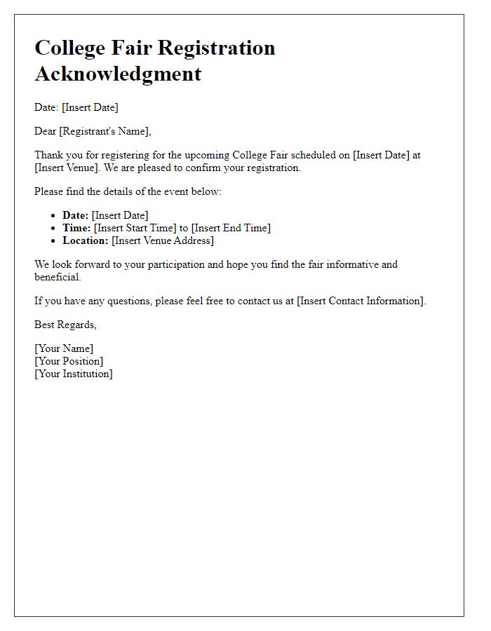 Letter template of college fair registration acknowledgment