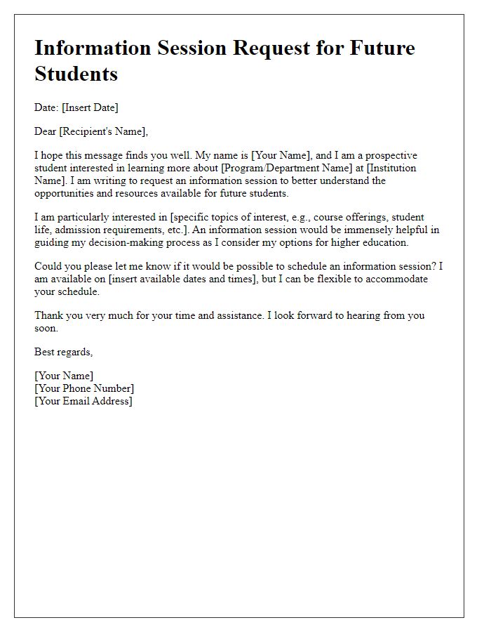 Letter template of information session request for future students