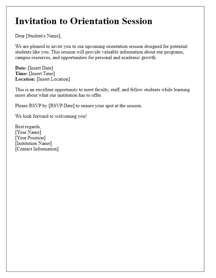 Letter template of orientation session invitation for potential students