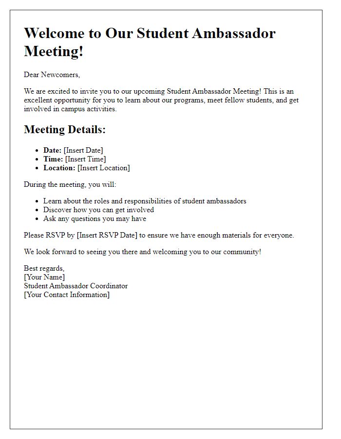 Letter template of student ambassador meeting for newcomers