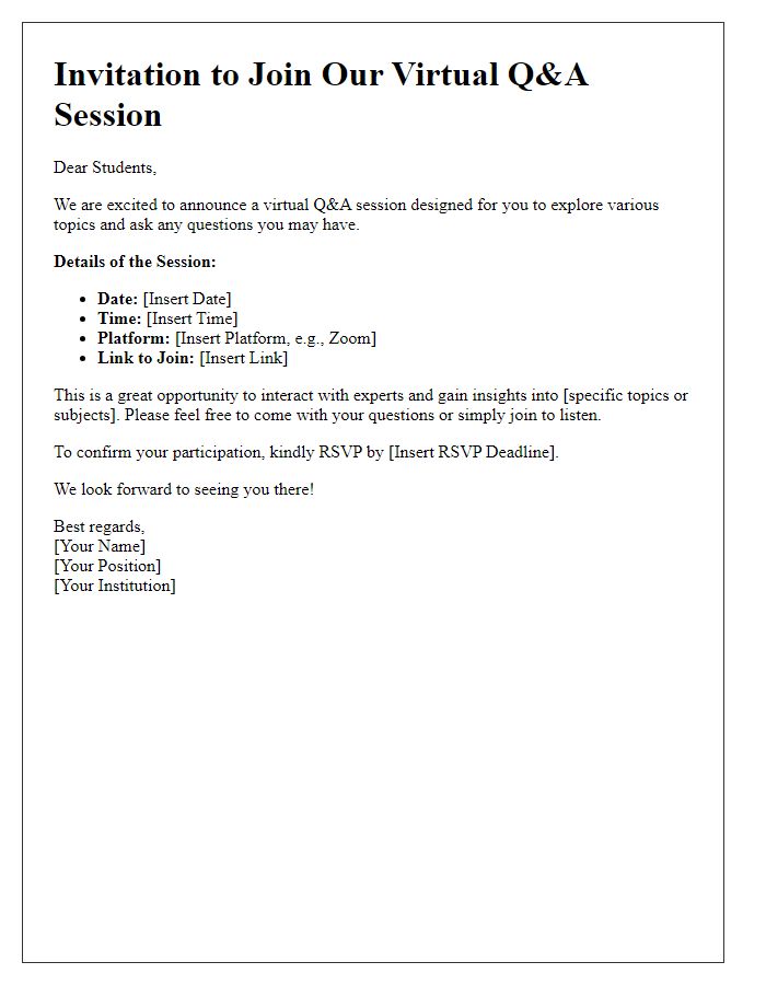 Letter template of virtual Q&A session for interested students
