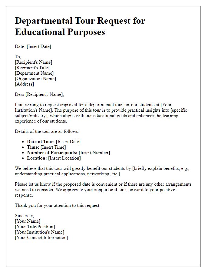 Letter template of departmental tour request for educational purposes