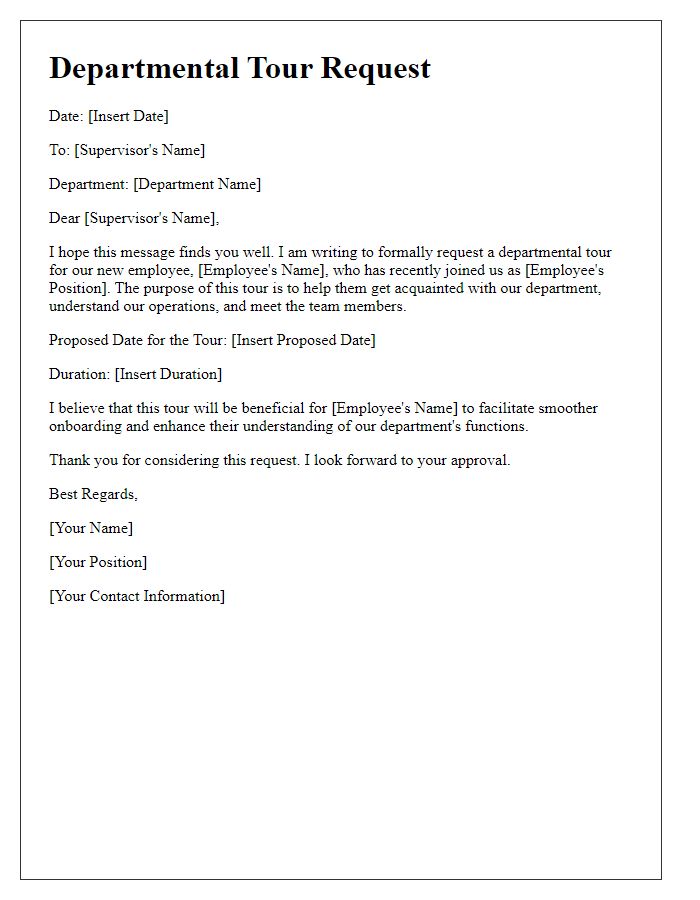 Letter template of departmental tour request for employee onboarding