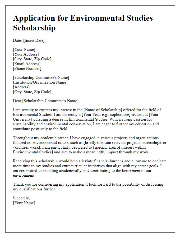 Letter template of application for subject-specific scholarship in Environmental Studies