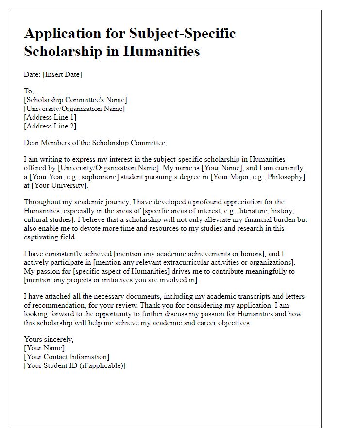 Letter template of application for subject-specific scholarship in Humanities