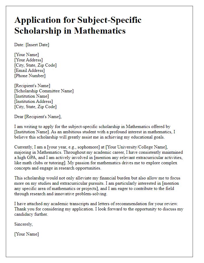 Letter template of application for subject-specific scholarship in Mathematics