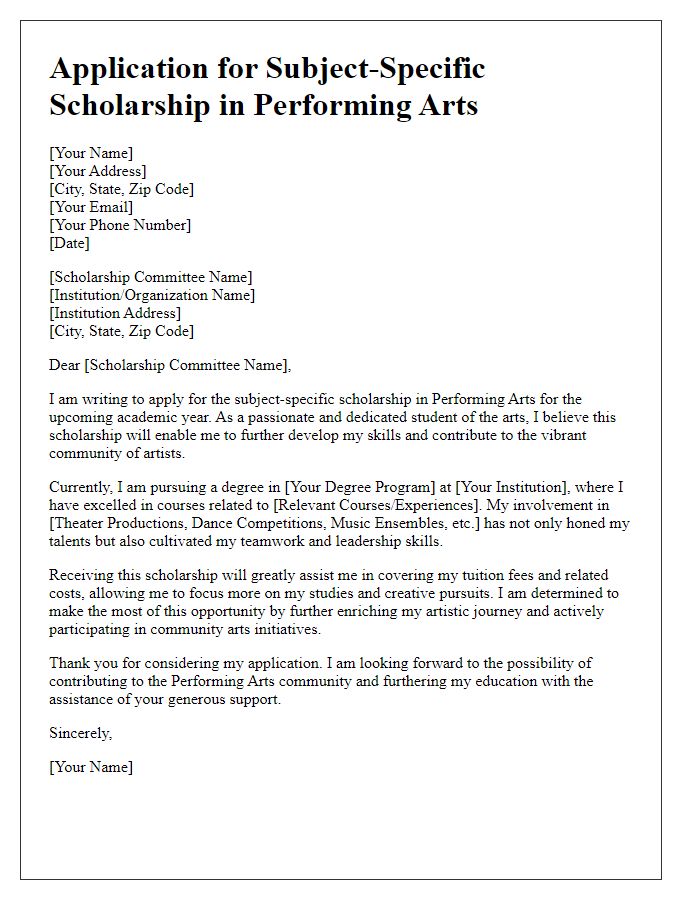 Letter template of application for subject-specific scholarship in Performing Arts