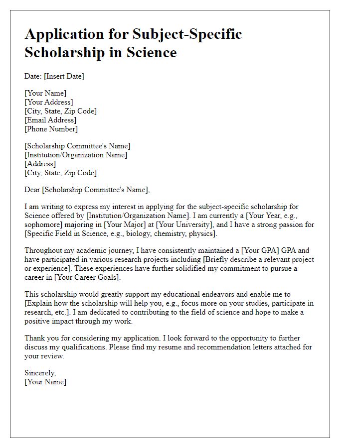 Letter template of application for subject-specific scholarship in Science