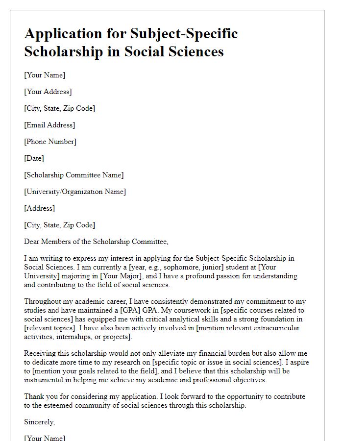 Letter template of application for subject-specific scholarship in Social Sciences