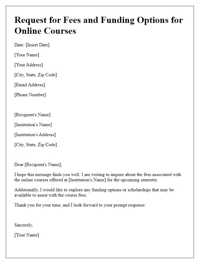 Letter template of request for fees and funding options for online courses