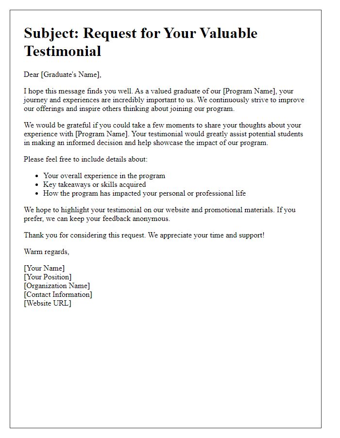 Letter template of request for testimonials from online program graduates