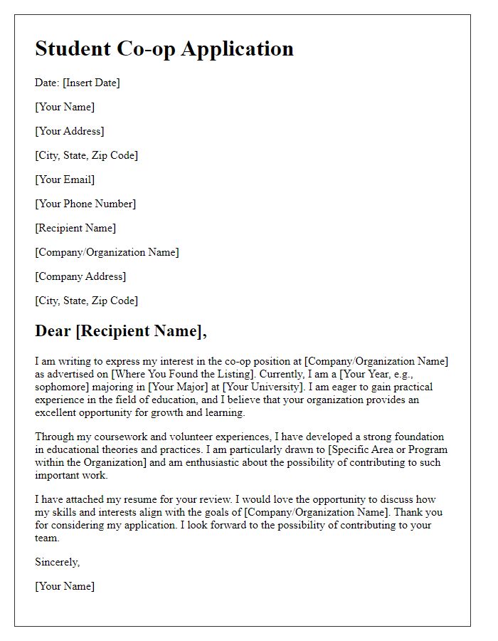 Letter template of student co-op application for education majors.