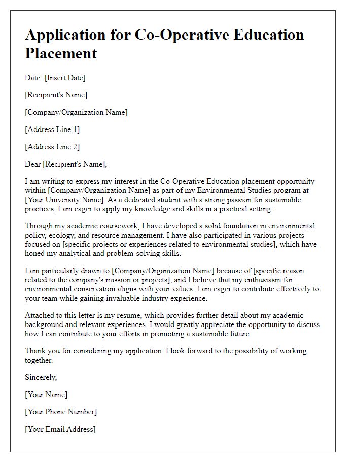 Letter template of student co-op application for environmental studies.