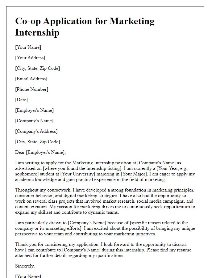 Letter template of student co-op application for marketing internships.