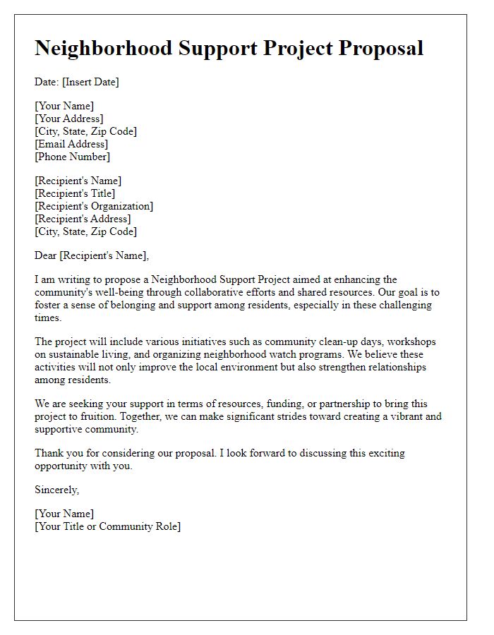 Letter template of neighborhood support project proposal