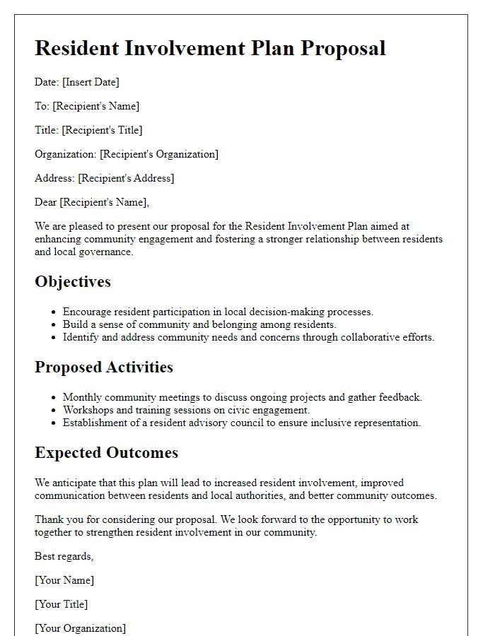 Letter template of resident involvement plan proposal