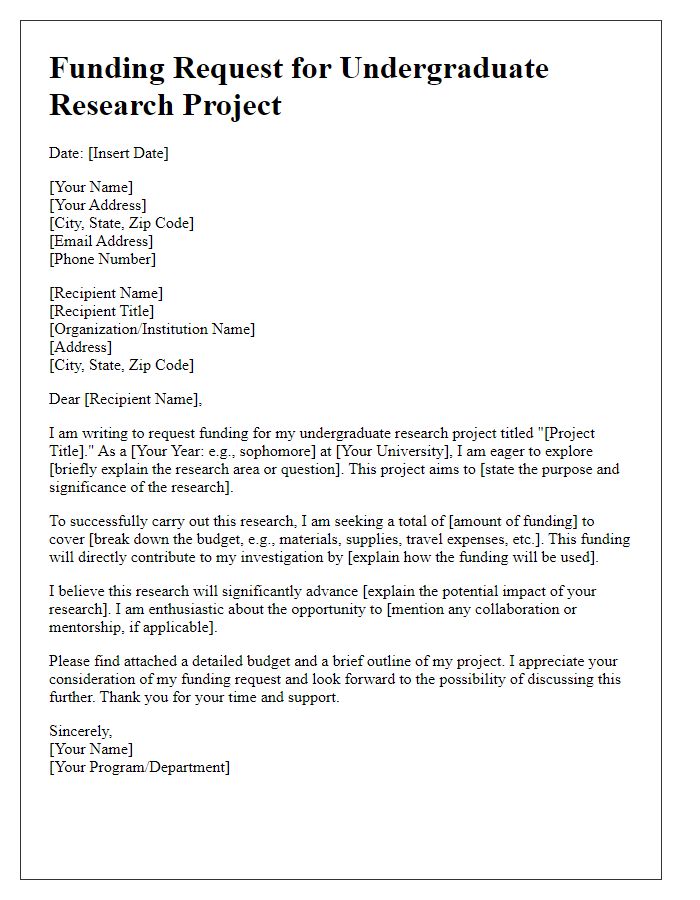 Letter template of funding request for undergraduate research project