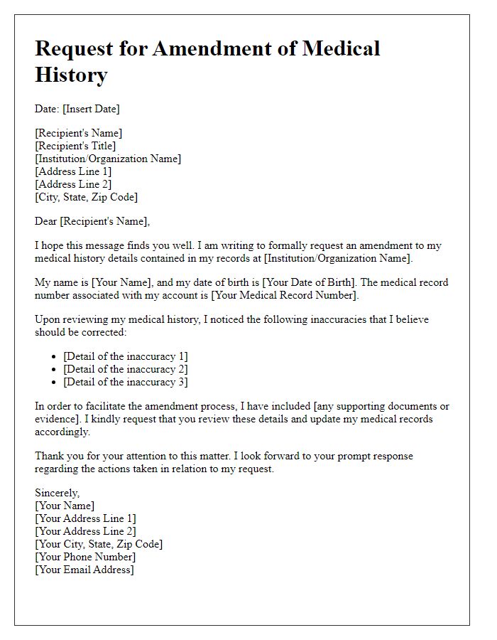 Letter template of amendment request for medical history details