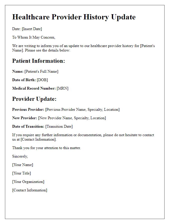 Letter template of healthcare provider history update