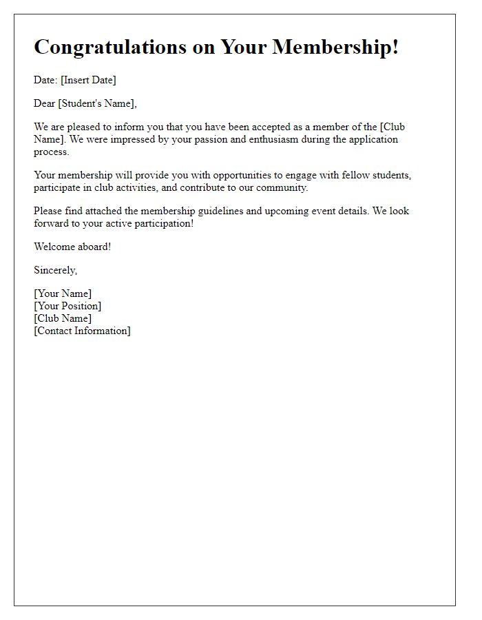 Letter template of acceptance for student club membership